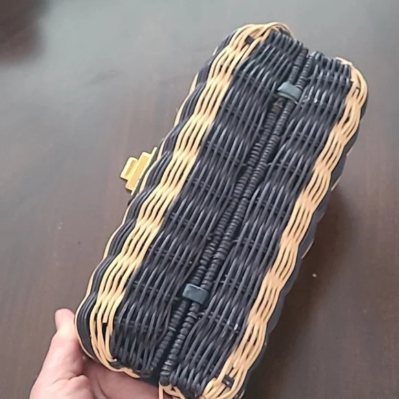 J.Crew natural Navy wicker basket patent leather brass buckle purse - Picture 5 of 8